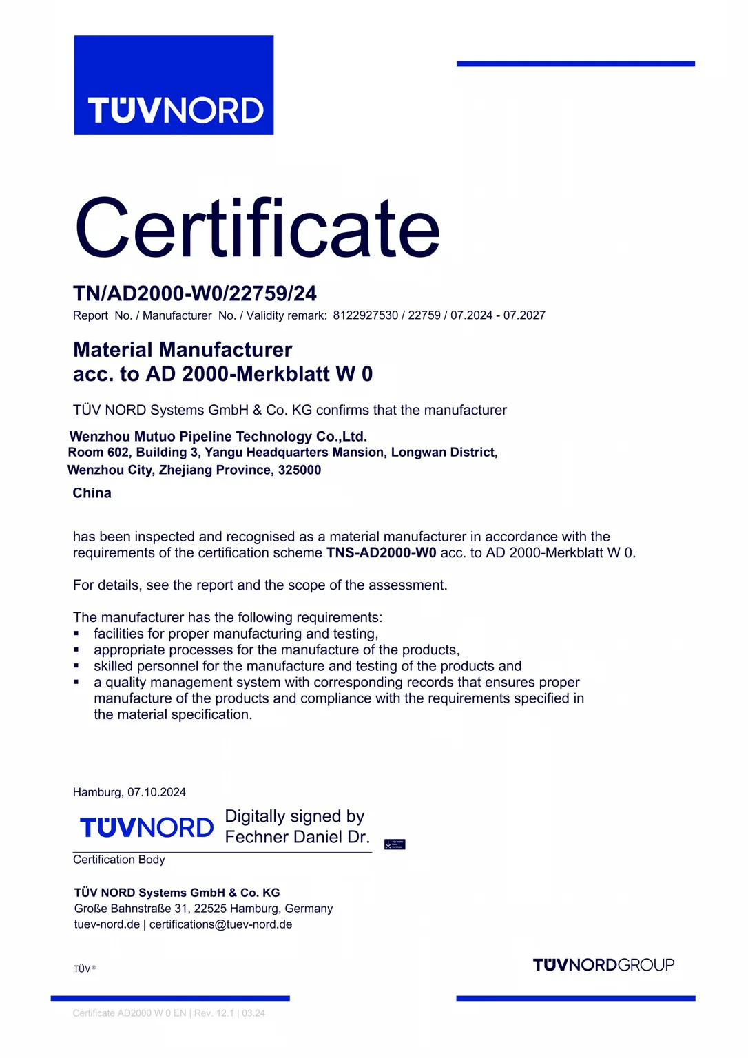 TUV NORD AD 2000 certificate recognising Mutuo as a material manufacturer