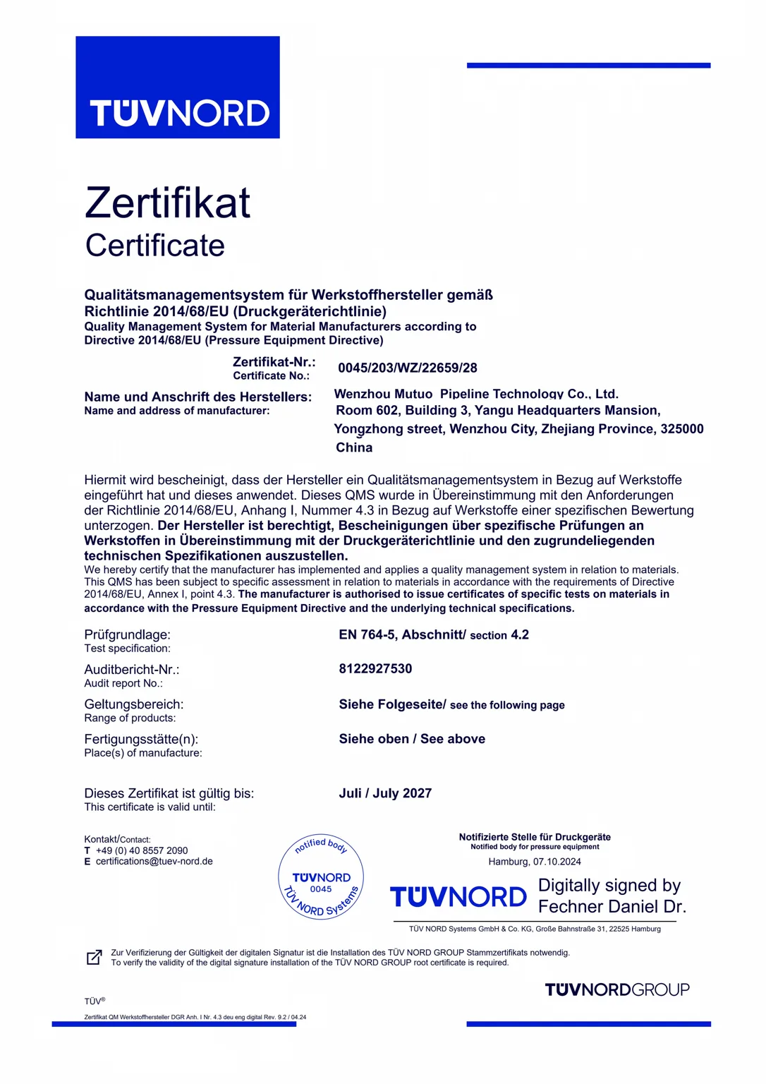 PED Certificate