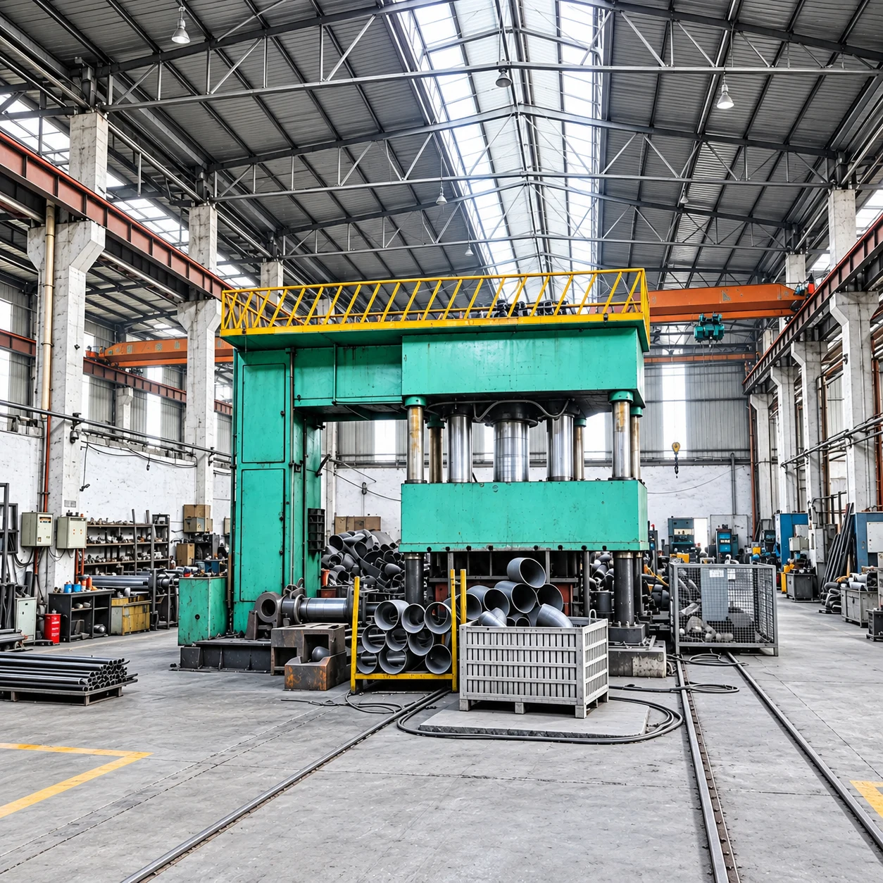 Pipe fittings workshop with hydraulic press and metal fittings