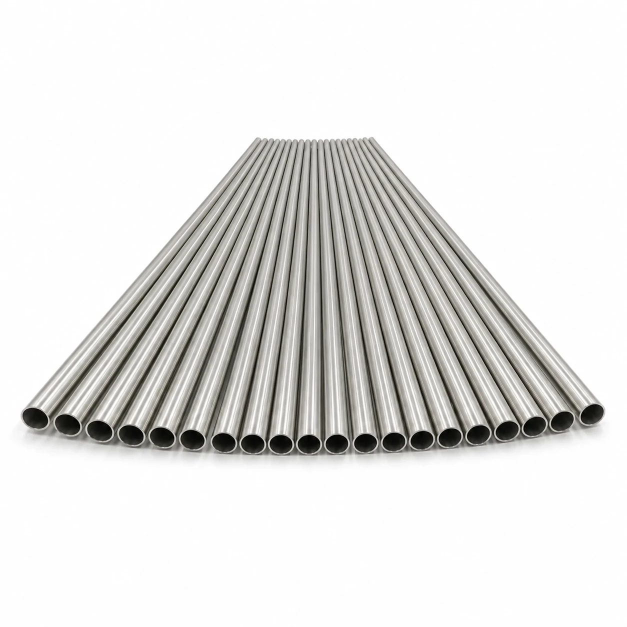 Bright annealed stainless steel tubes on a white background