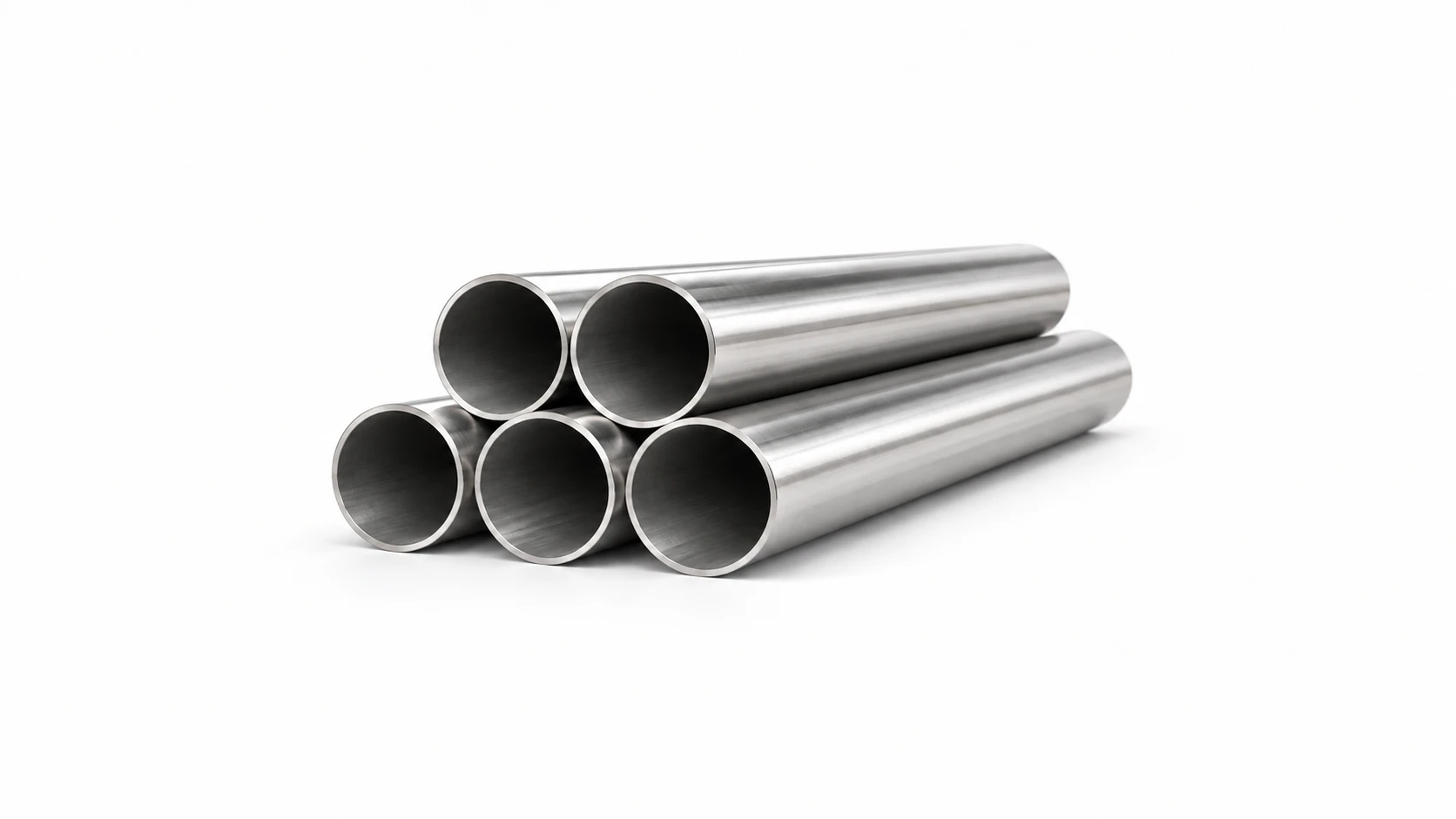 Polished stainless steel seamless pipes on a white background