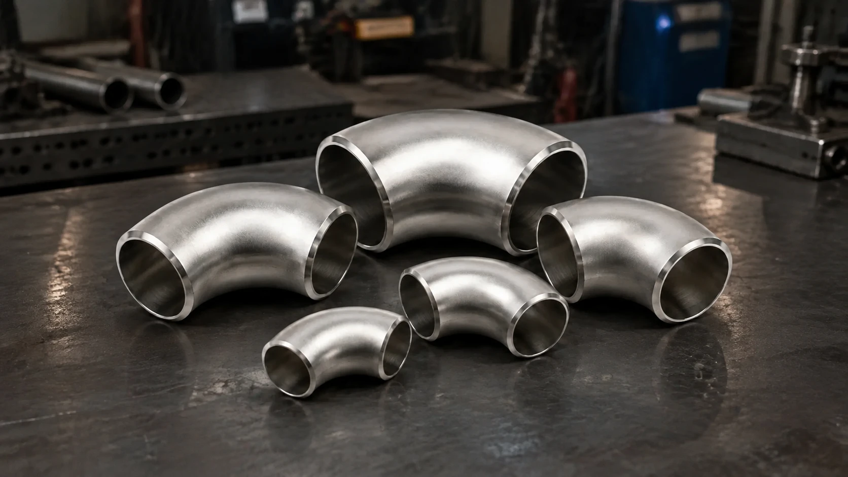 Stainless steel 90 degree elbows on a fabrication workshop bench
