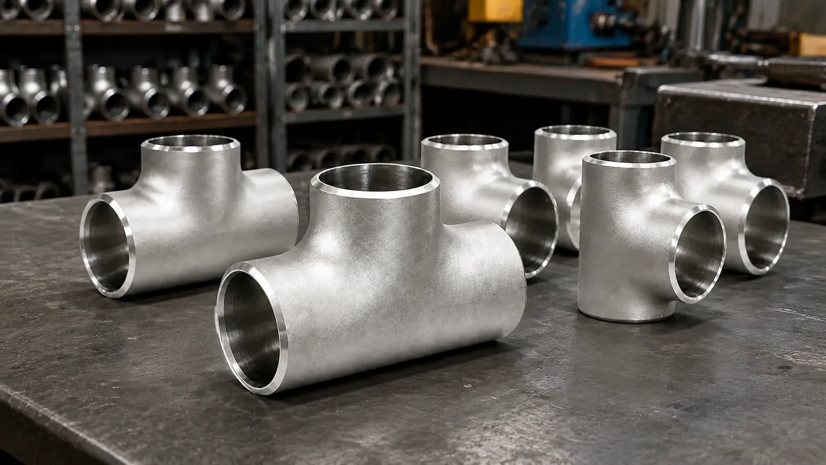 Stainless steel butt weld tee fittings in a fabrication workshop