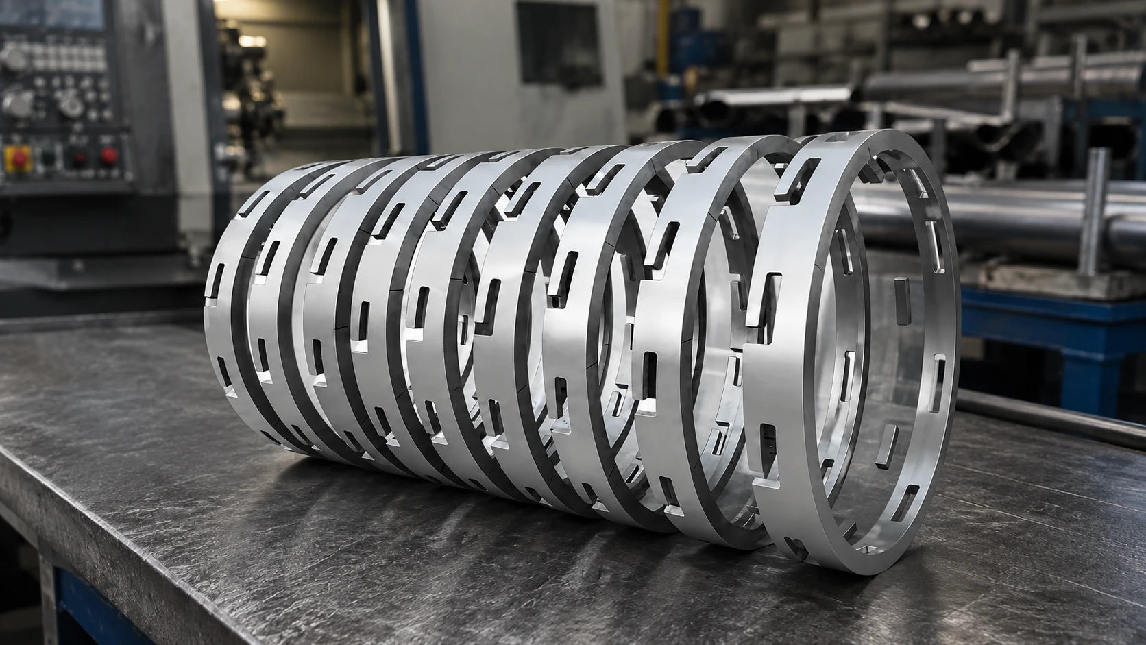 Custom stainless steel flange rings in a fabrication workshop