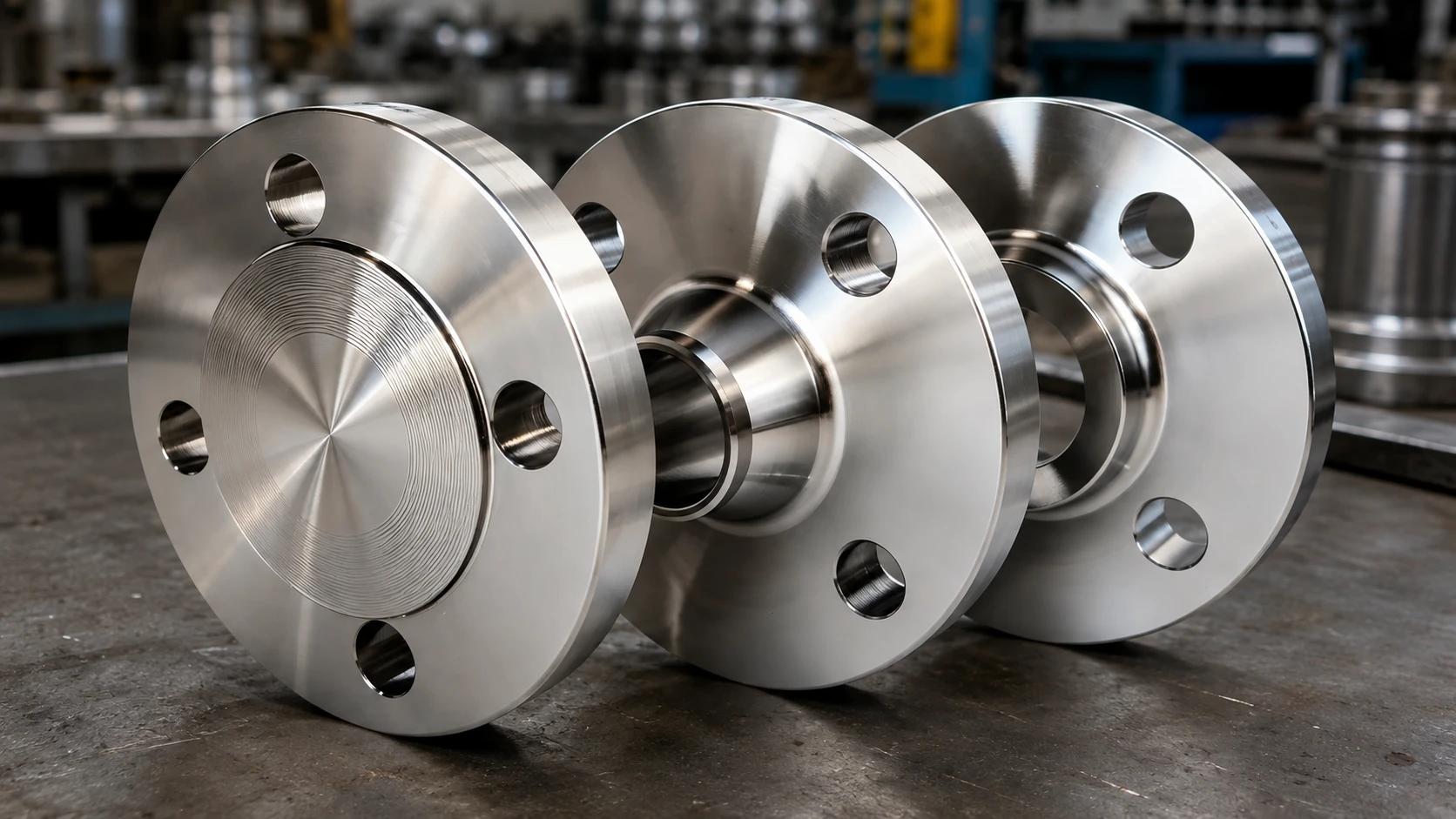 Stainless steel flange assembly in a fabrication workshop