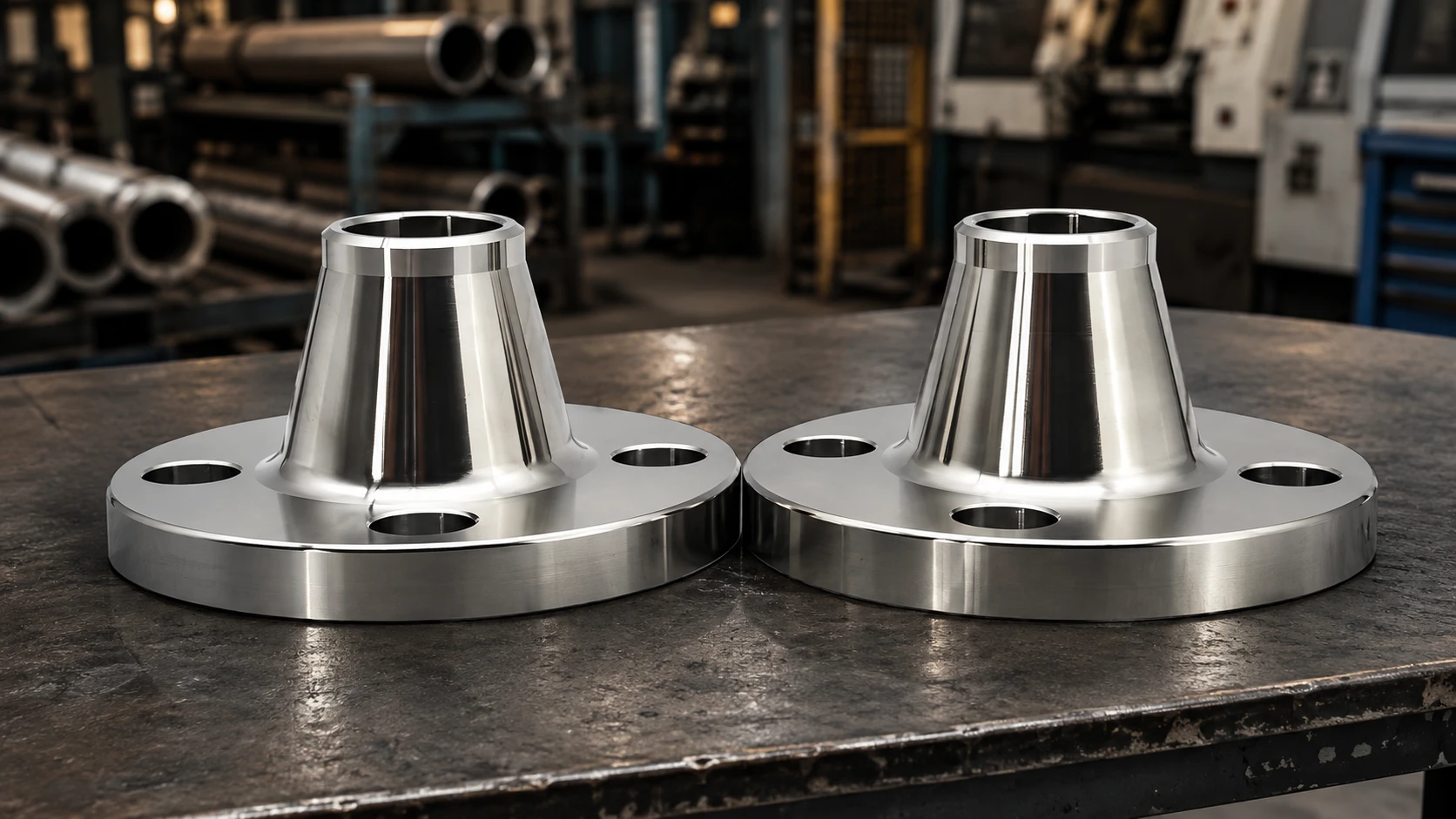 Stainless steel weld neck flanges on a fabrication workshop bench