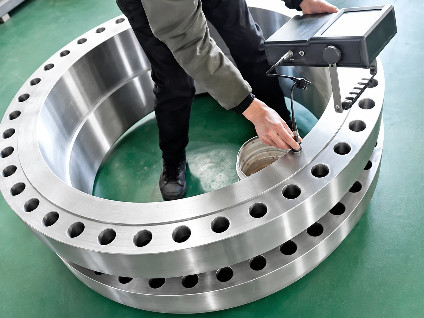 Technician inspecting the dimensions of a stainless-steel flange