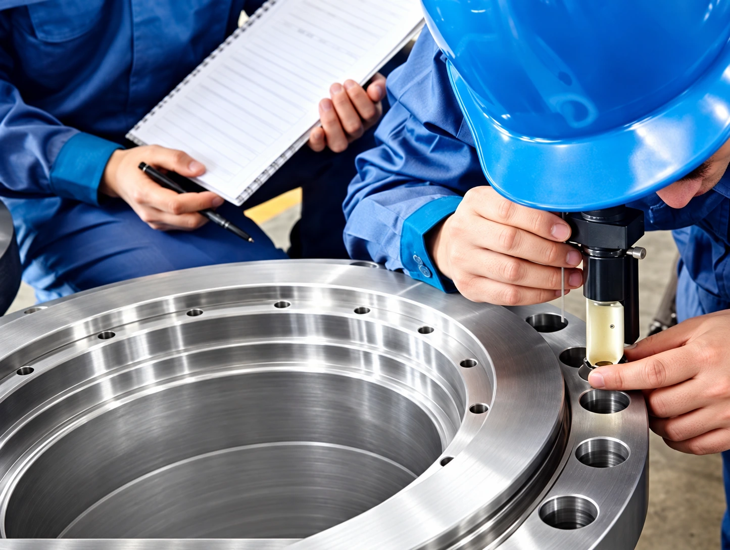 Technician checking a stainless-steel flange