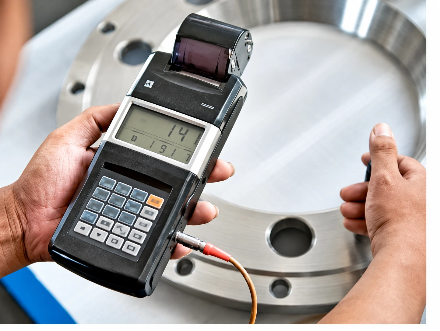 PMI meter checking a stainless-steel flange