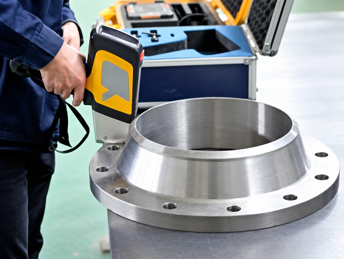 Inspection scanner checking a stainless-steel flange