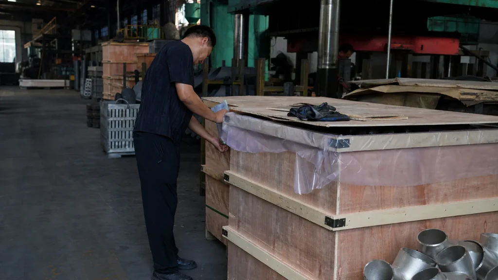 Worker preparing wooden export crates for stainless steel fittings